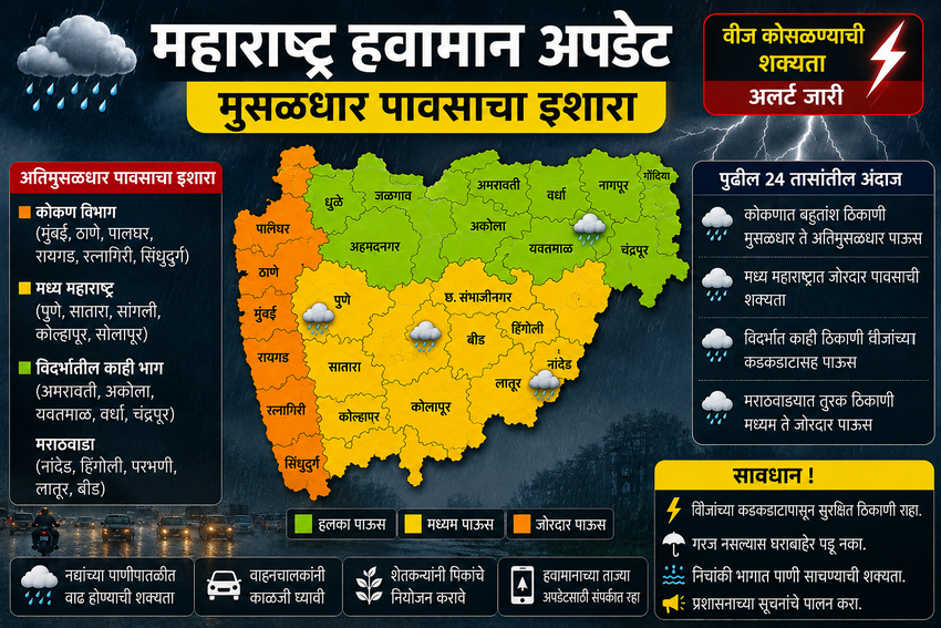 مہاراشٹر اورملک کے کئی حصوں میں موسلادھار بارش کی پیش گوئی، بعض ریاستوں میں آسمانی بجلی گرنے کا الرٹ