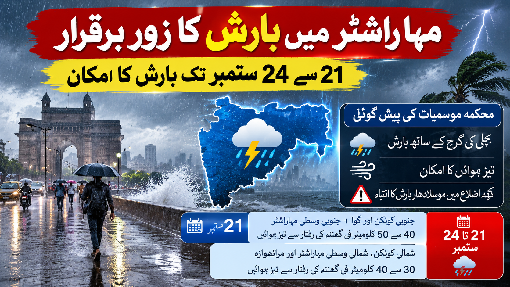 مہاراشٹر میں بارش کا زور برقرار، 21 سے 24 ستمبر تک بارش کا امکان